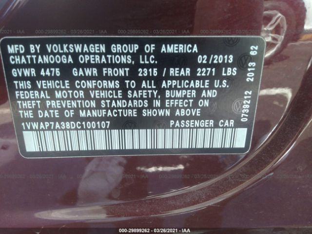 Photo 8 VIN: 1VWAP7A38DC100107 - VOLKSWAGEN PASSAT 