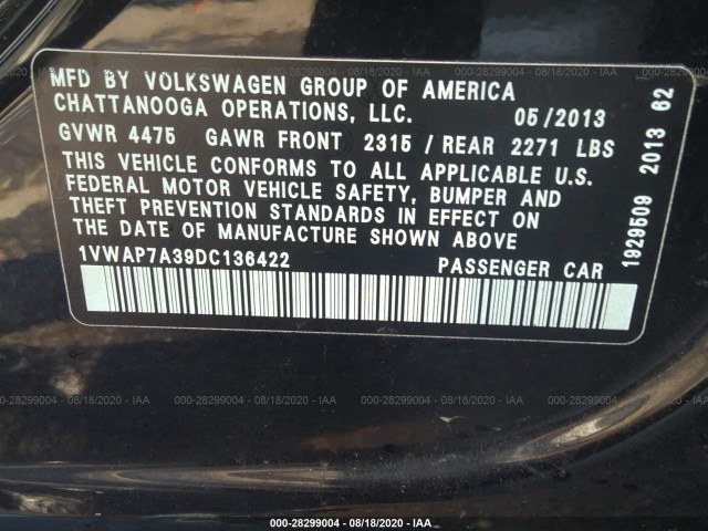 Photo 8 VIN: 1VWAP7A39DC136422 - VOLKSWAGEN PASSAT 