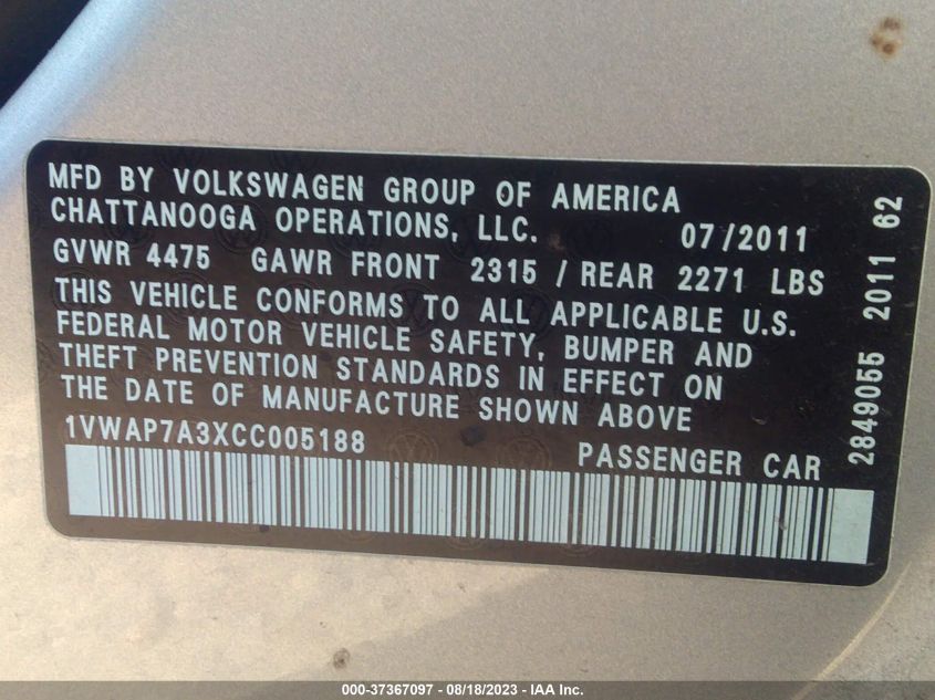 Photo 8 VIN: 1VWAP7A3XCC005188 - VOLKSWAGEN PASSAT 