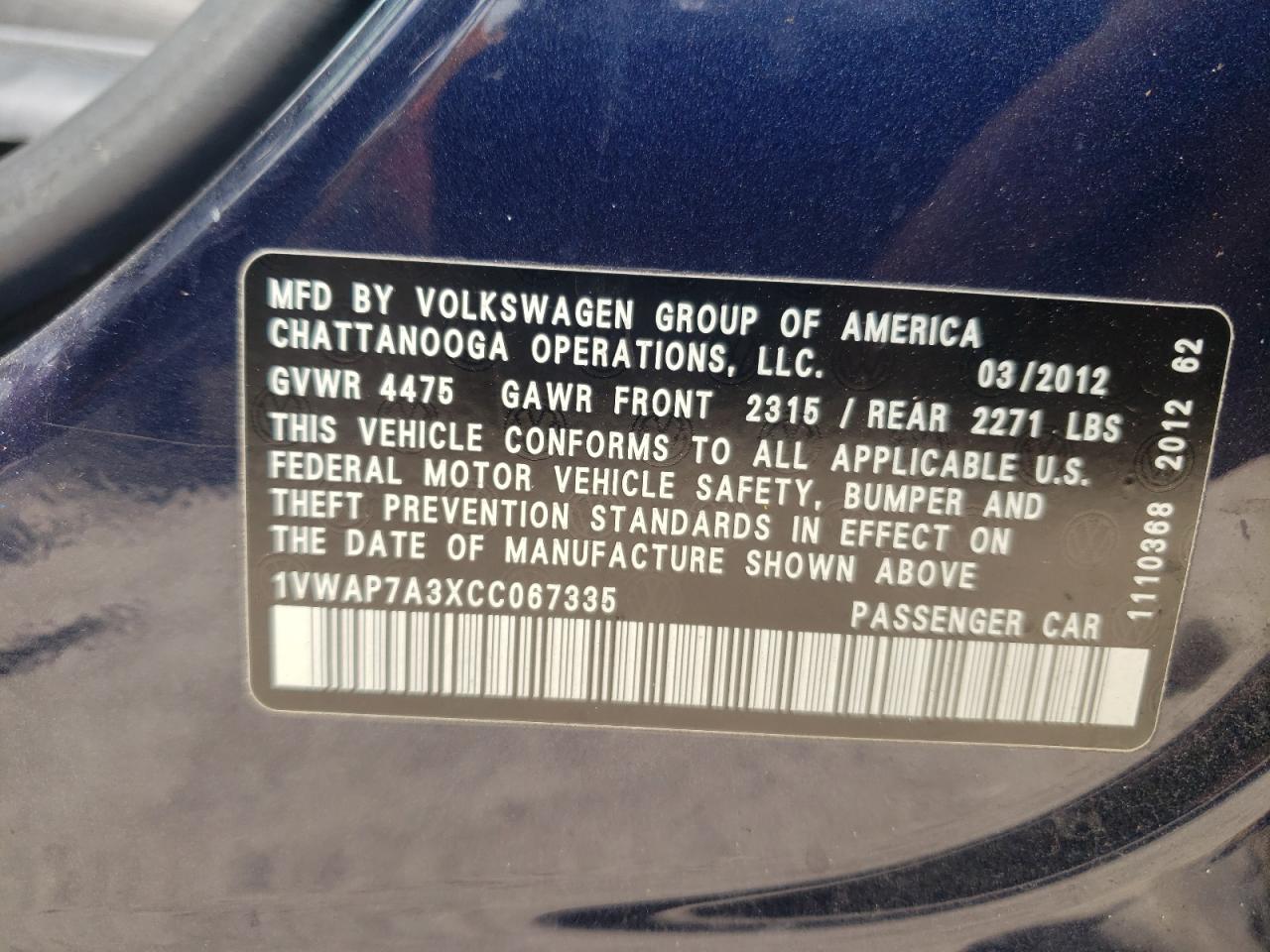 Photo 11 VIN: 1VWAP7A3XCC067335 - VOLKSWAGEN PASSAT 