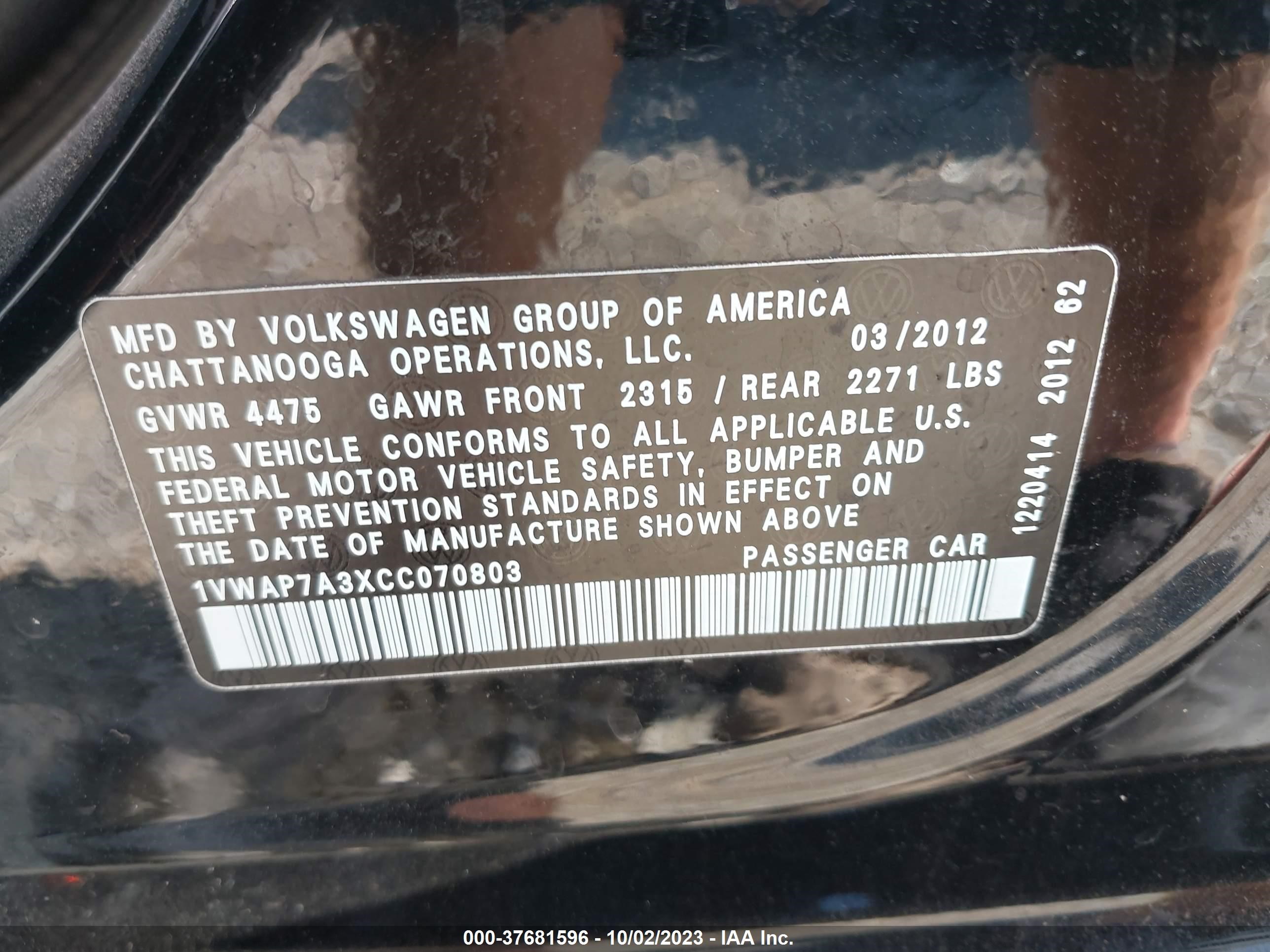 Photo 8 VIN: 1VWAP7A3XCC070803 - VOLKSWAGEN PASSAT 