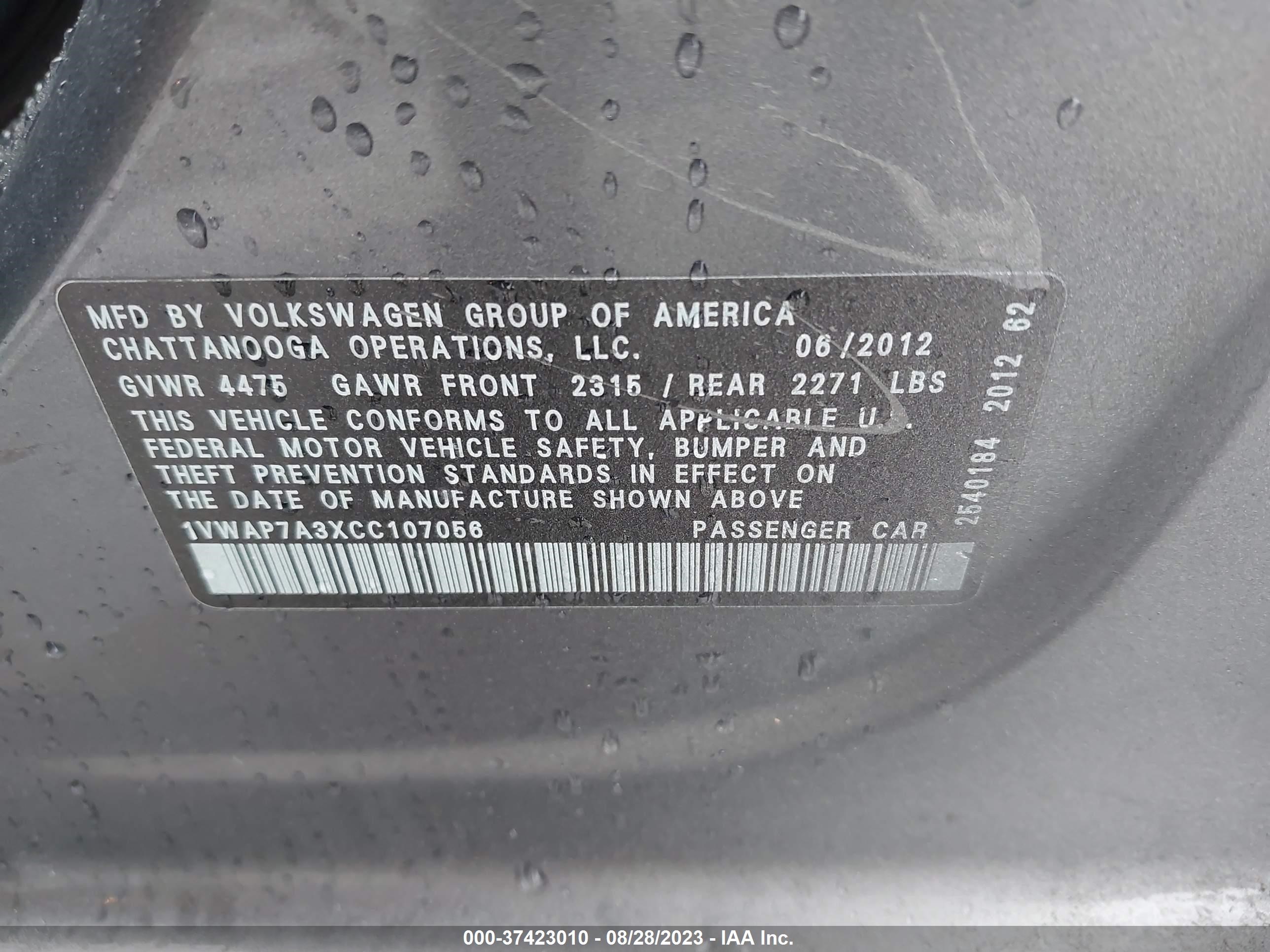 Photo 8 VIN: 1VWAP7A3XCC107056 - VOLKSWAGEN PASSAT 