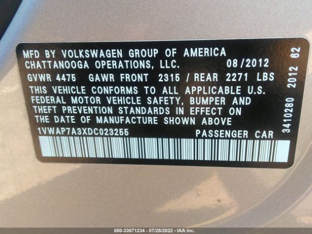 Photo 8 VIN: 1VWAP7A3XDC023255 - VOLKSWAGEN PASSAT 