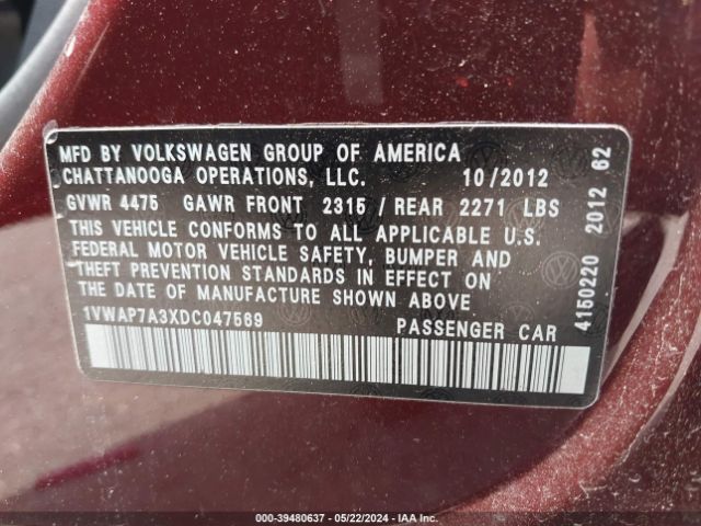 Photo 8 VIN: 1VWAP7A3XDC047569 - VOLKSWAGEN PASSAT 