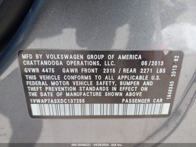 Photo 8 VIN: 1VWAP7A3XDC137255 - VOLKSWAGEN PASSAT 