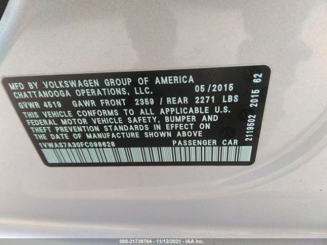 Photo 8 VIN: 1VWAS7A30FC098628 - VOLKSWAGEN PASSAT 