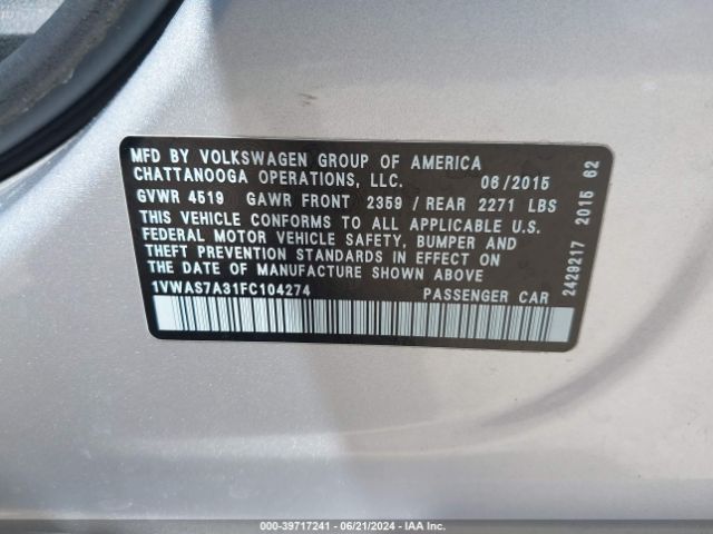 Photo 8 VIN: 1VWAS7A31FC104274 - VOLKSWAGEN PASSAT 