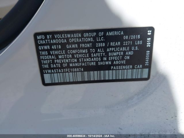 Photo 8 VIN: 1VWAS7A31FC108874 - VOLKSWAGEN PASSAT 