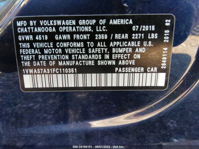 Photo 8 VIN: 1VWAS7A31FC110351 - VOLKSWAGEN PASSAT 