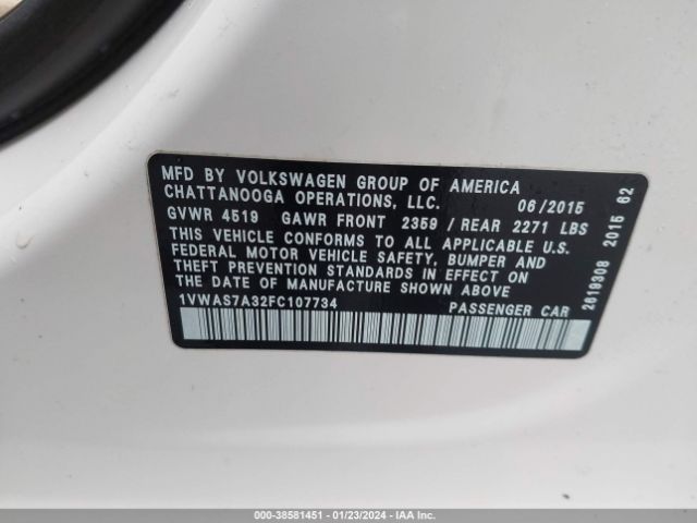 Photo 8 VIN: 1VWAS7A32FC107734 - VOLKSWAGEN PASSAT 