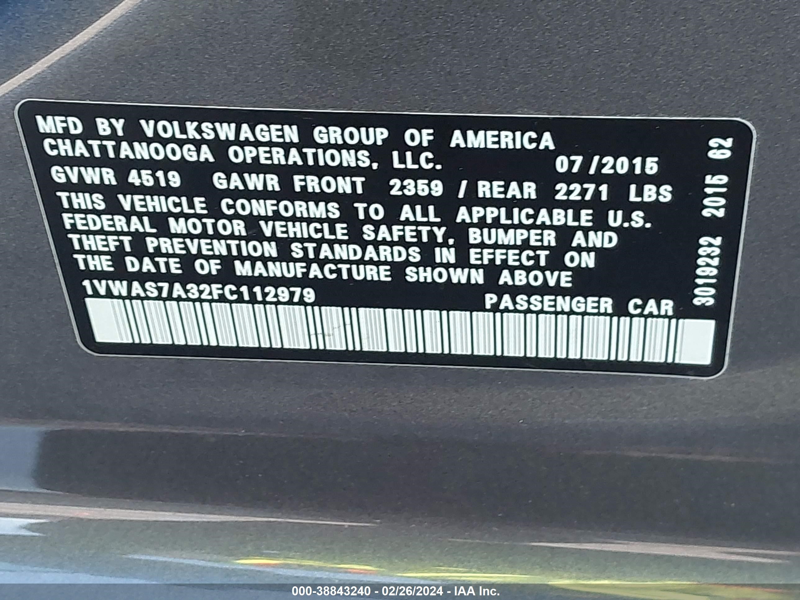 Photo 8 VIN: 1VWAS7A32FC112979 - VOLKSWAGEN PASSAT 