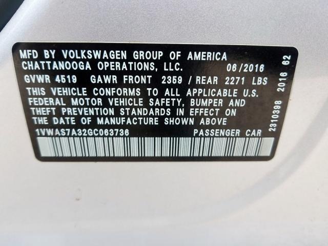 Photo 9 VIN: 1VWAS7A32GC063736 - VOLKSWAGEN PASSAT 