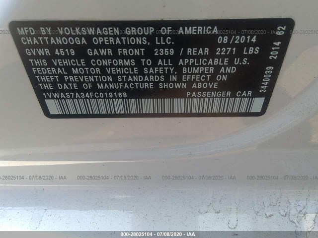 Photo 8 VIN: 1VWAS7A34FC019168 - VOLKSWAGEN PASSAT 