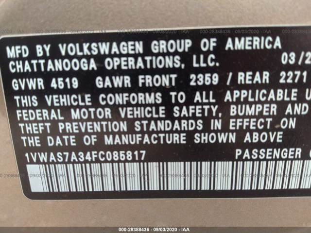 Photo 8 VIN: 1VWAS7A34FC085817 - VOLKSWAGEN PASSAT 