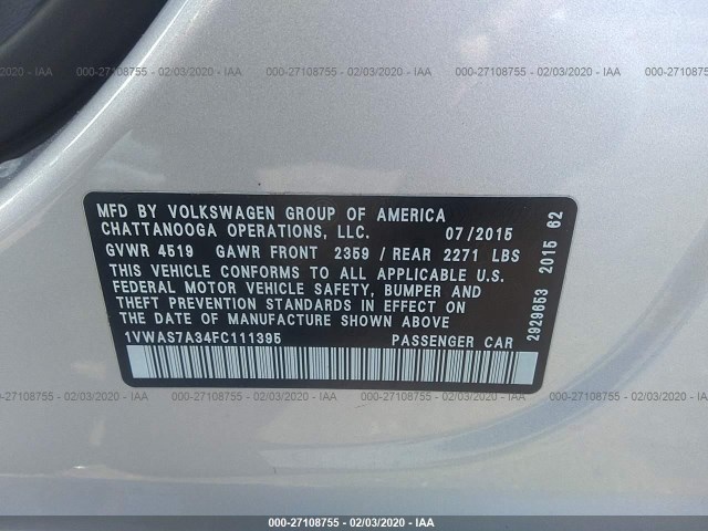 Photo 8 VIN: 1VWAS7A34FC111395 - VOLKSWAGEN PASSAT 