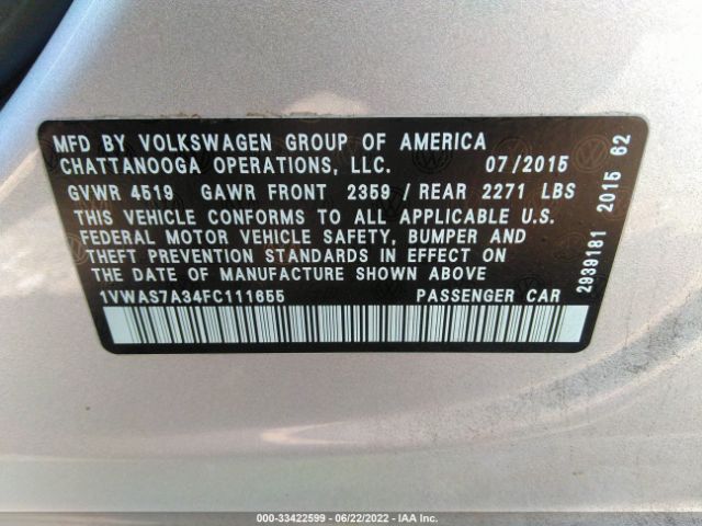 Photo 8 VIN: 1VWAS7A34FC111655 - VOLKSWAGEN PASSAT 