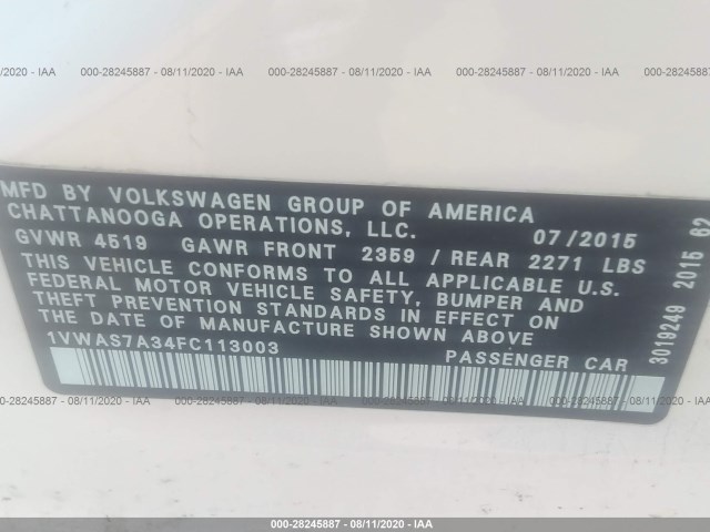 Photo 8 VIN: 1VWAS7A34FC113003 - VOLKSWAGEN PASSAT 