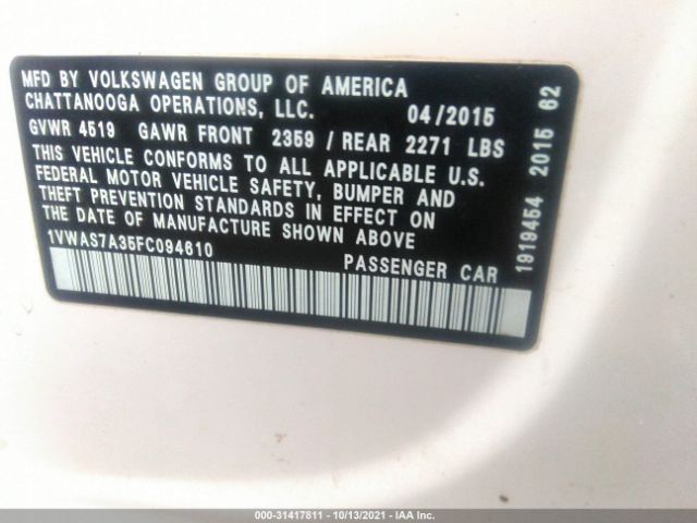 Photo 8 VIN: 1VWAS7A35FC094610 - VOLKSWAGEN PASSAT 