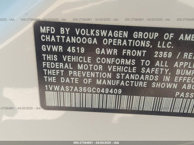 Photo 8 VIN: 1VWAS7A35GC049409 - VOLKSWAGEN PASSAT 