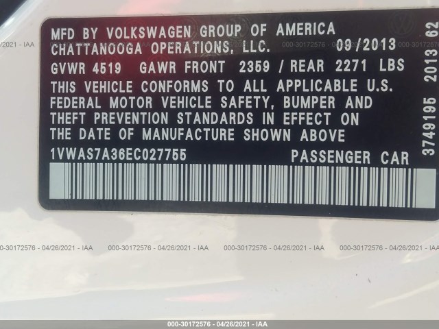 Photo 8 VIN: 1VWAS7A36EC027755 - VOLKSWAGEN PASSAT 