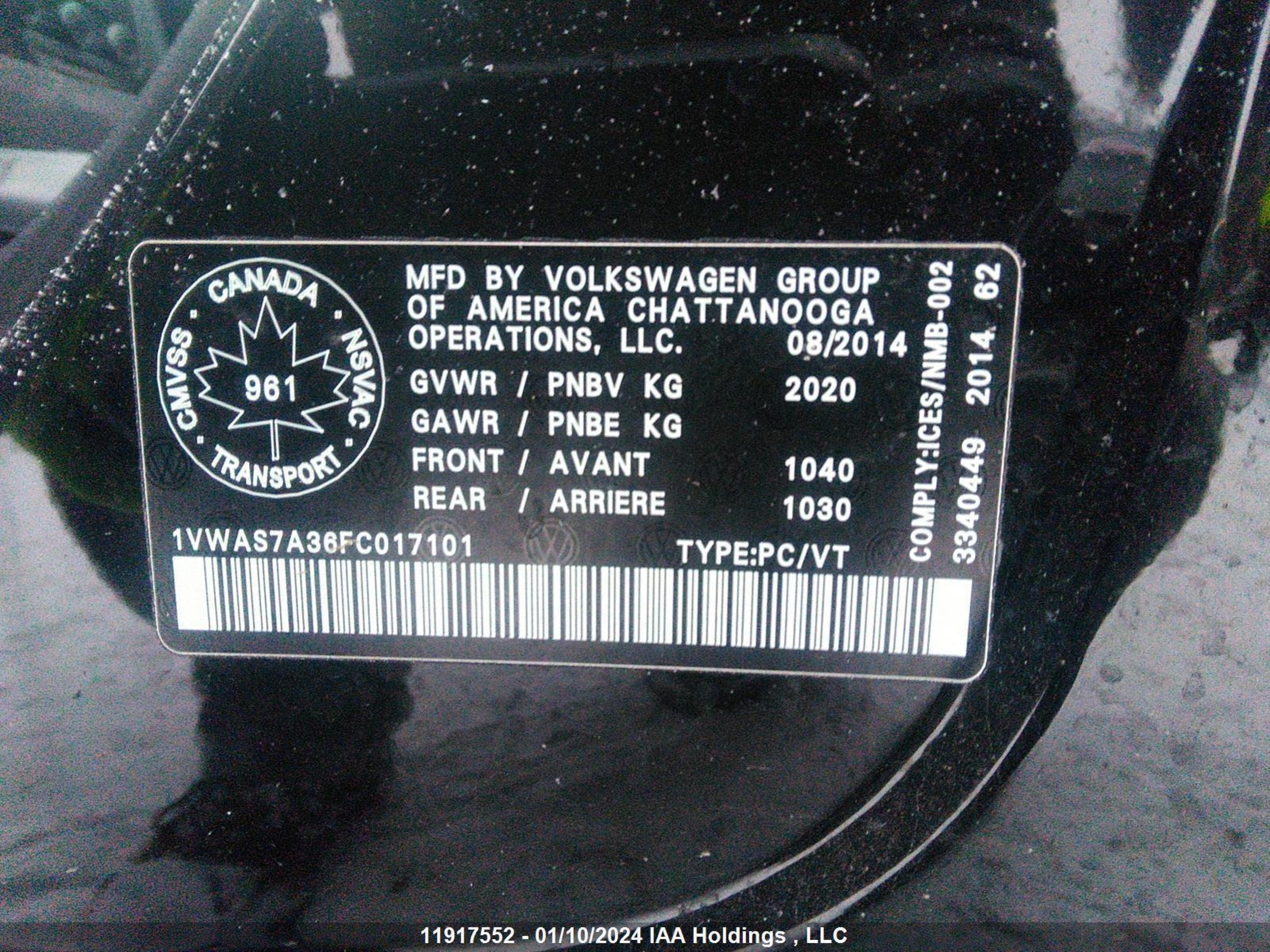 Photo 8 VIN: 1VWAS7A36FC017101 - VOLKSWAGEN PASSAT 