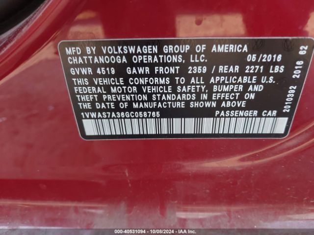 Photo 8 VIN: 1VWAS7A36GC058765 - VOLKSWAGEN PASSAT 