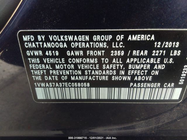 Photo 8 VIN: 1VWAS7A37EC058058 - VOLKSWAGEN PASSAT 