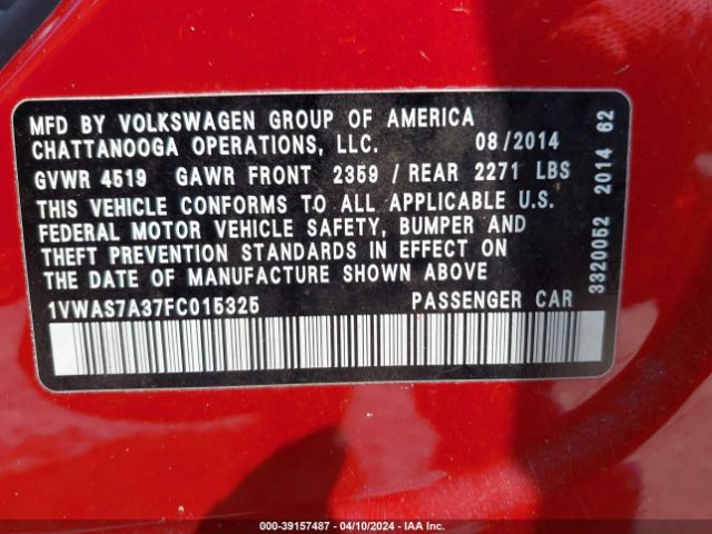 Photo 8 VIN: 1VWAS7A37FC015325 - VOLKSWAGEN PASSAT 