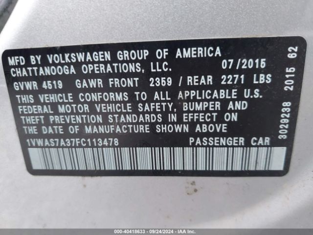 Photo 8 VIN: 1VWAS7A37FC113478 - VOLKSWAGEN PASSAT 