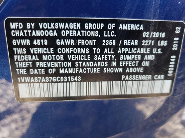 Photo 9 VIN: 1VWAS7A37GC031543 - VOLKSWAGEN PASSAT S 