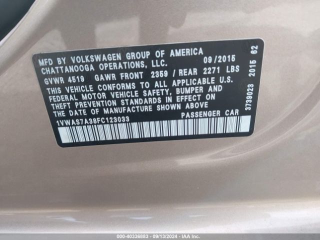 Photo 8 VIN: 1VWAS7A38FC123033 - VOLKSWAGEN PASSAT 