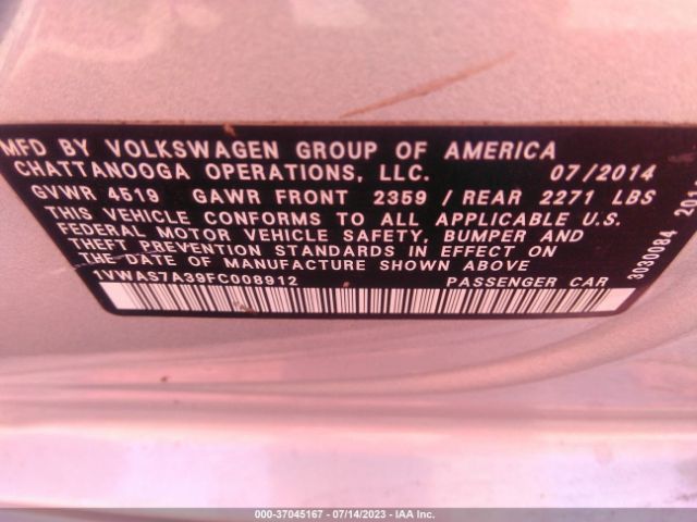 Photo 8 VIN: 1VWAS7A39FC008912 - VOLKSWAGEN PASSAT 