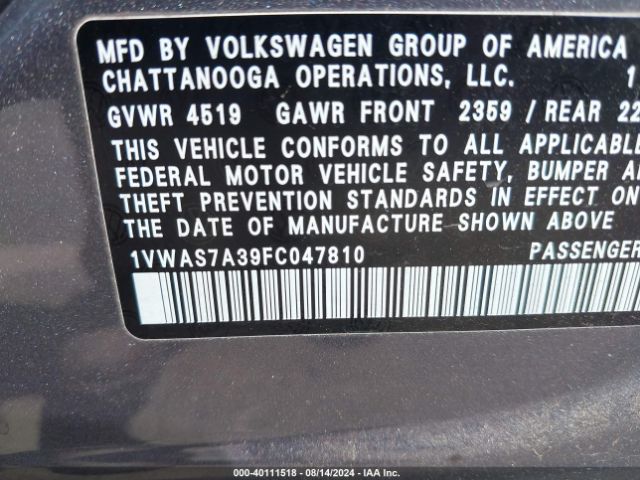 Photo 8 VIN: 1VWAS7A39FC047810 - VOLKSWAGEN PASSAT 