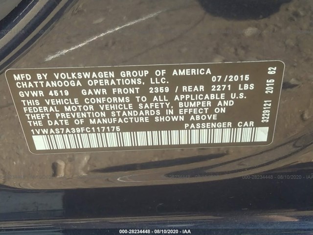 Photo 8 VIN: 1VWAS7A39FC117175 - VOLKSWAGEN PASSAT 