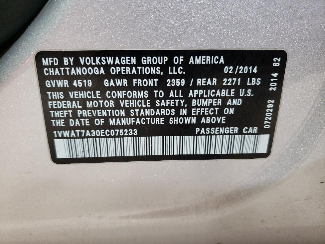 Photo 11 VIN: 1VWAT7A30EC075233 - VOLKSWAGEN PASSAT 