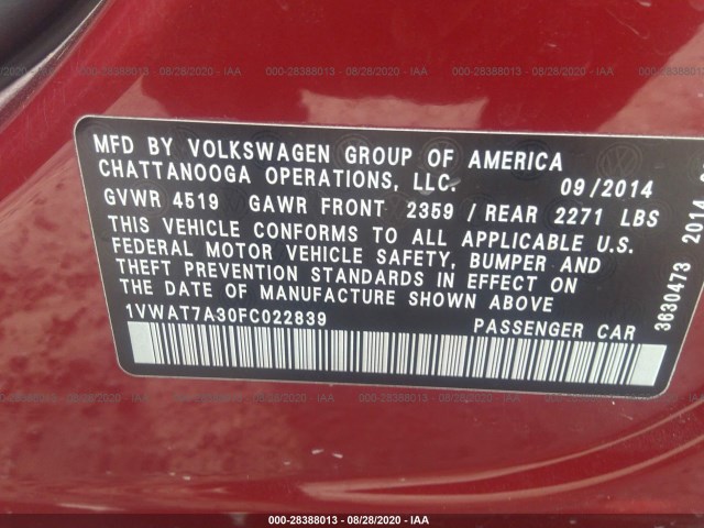 Photo 8 VIN: 1VWAT7A30FC022839 - VOLKSWAGEN PASSAT 