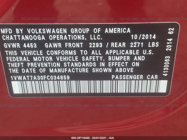 Photo 8 VIN: 1VWAT7A30FC034859 - VOLKSWAGEN PASSAT 