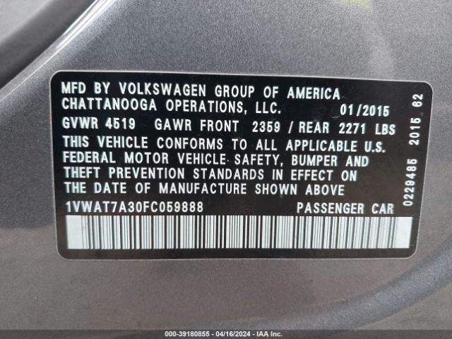 Photo 8 VIN: 1VWAT7A30FC059888 - VOLKSWAGEN PASSAT 