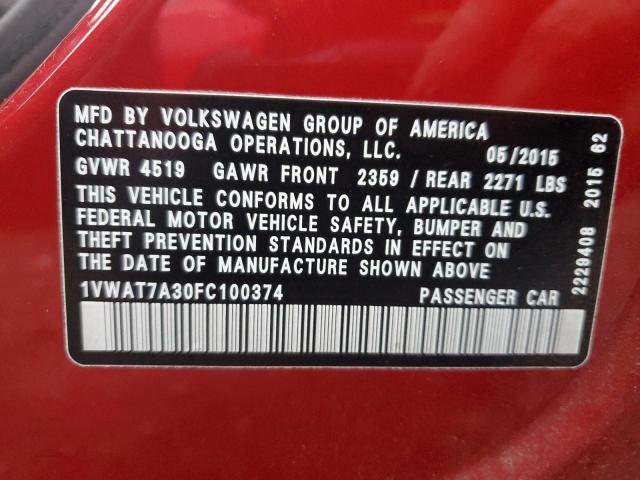 Photo 11 VIN: 1VWAT7A30FC100374 - VOLKSWAGEN PASSAT S 