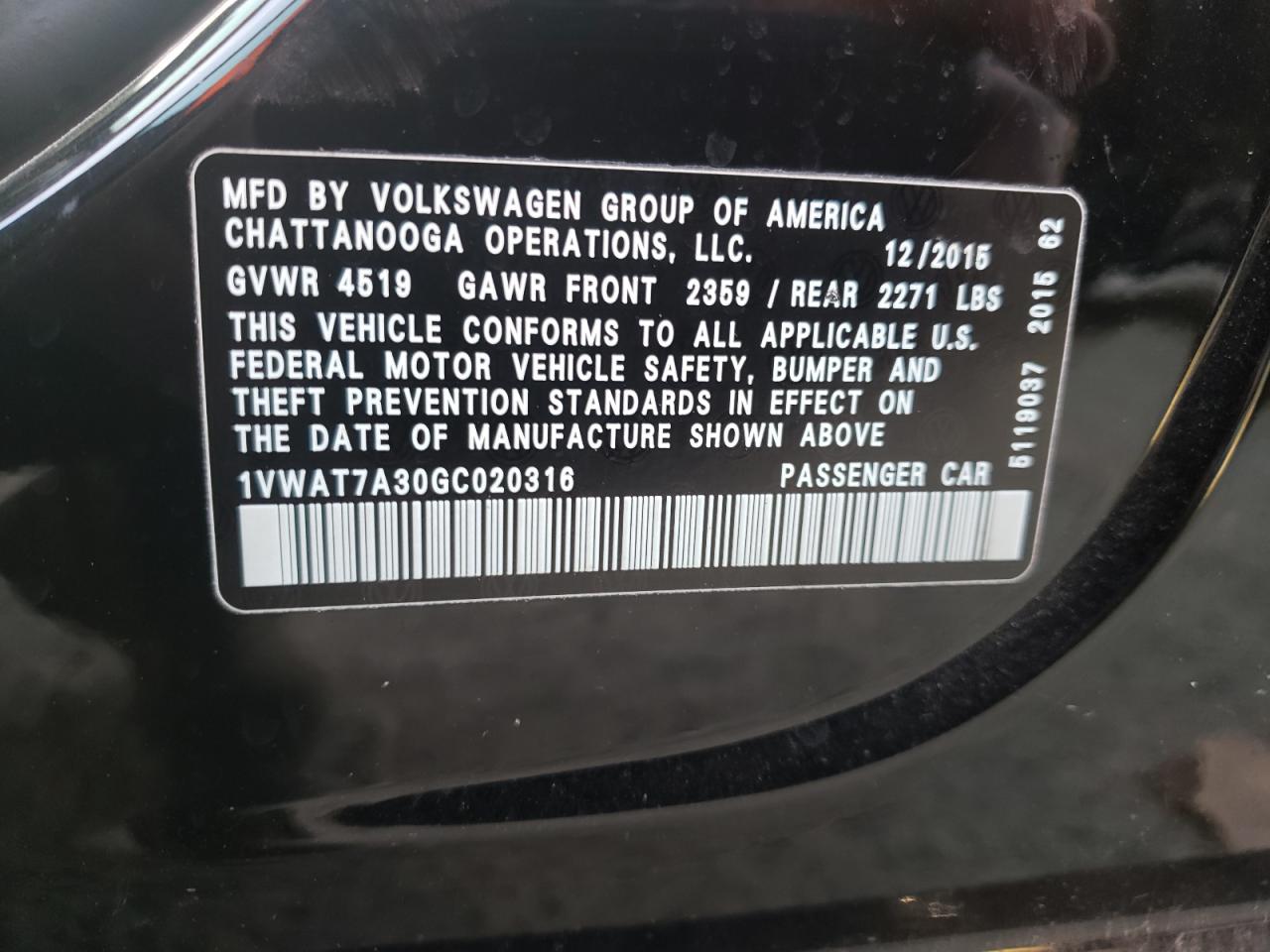 Photo 11 VIN: 1VWAT7A30GC020316 - VOLKSWAGEN PASSAT 