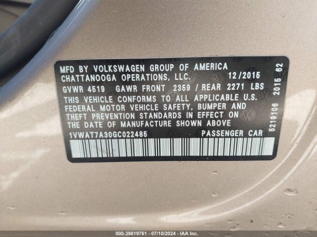 Photo 8 VIN: 1VWAT7A30GC022485 - VOLKSWAGEN PASSAT 