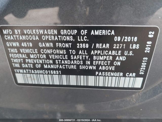 Photo 8 VIN: 1VWAT7A30HC015831 - VOLKSWAGEN PASSAT 