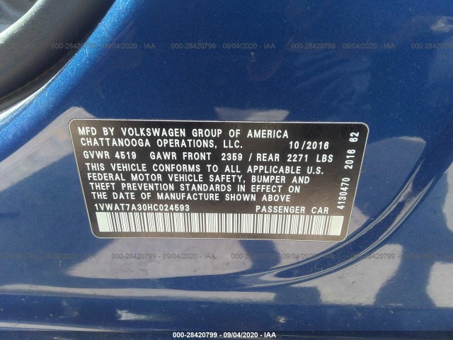 Photo 8 VIN: 1VWAT7A30HC024593 - VOLKSWAGEN PASSAT 