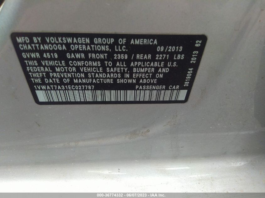 Photo 8 VIN: 1VWAT7A31EC027787 - VOLKSWAGEN PASSAT 