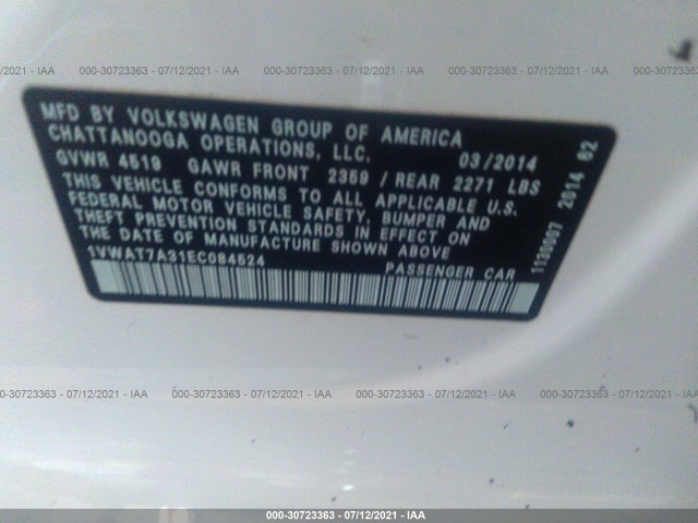 Photo 8 VIN: 1VWAT7A31EC084524 - VOLKSWAGEN PASSAT 