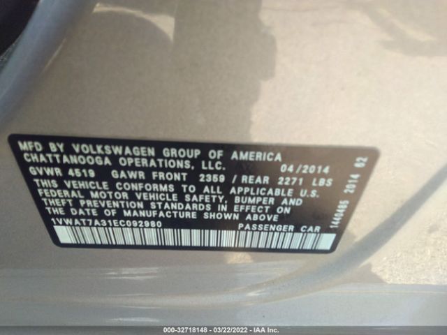 Photo 8 VIN: 1VWAT7A31EC092980 - VOLKSWAGEN PASSAT 