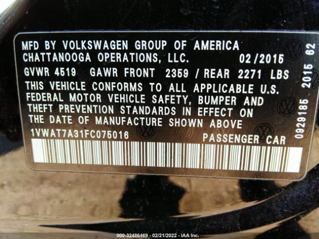 Photo 8 VIN: 1VWAT7A31FC075016 - VOLKSWAGEN PASSAT 