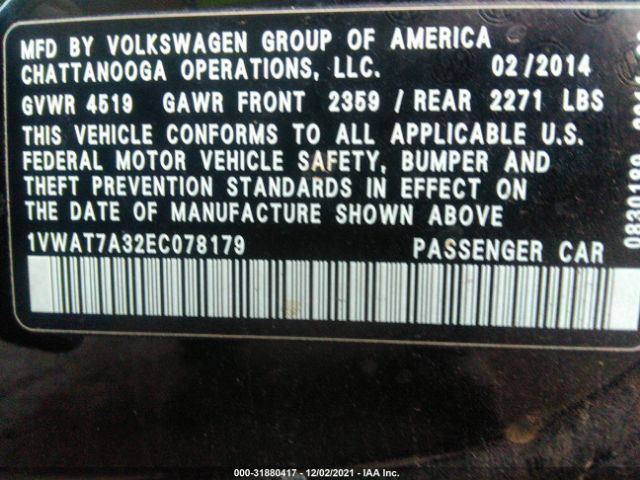 Photo 8 VIN: 1VWAT7A32EC078179 - VOLKSWAGEN PASSAT 