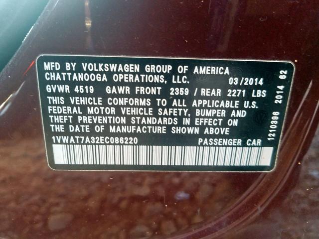 Photo 9 VIN: 1VWAT7A32EC086220 - VOLKSWAGEN PASSAT 