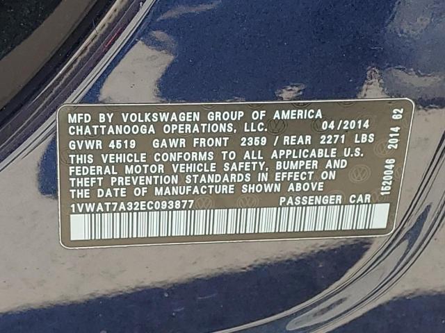 Photo 11 VIN: 1VWAT7A32EC093877 - VOLKSWAGEN PASSAT 